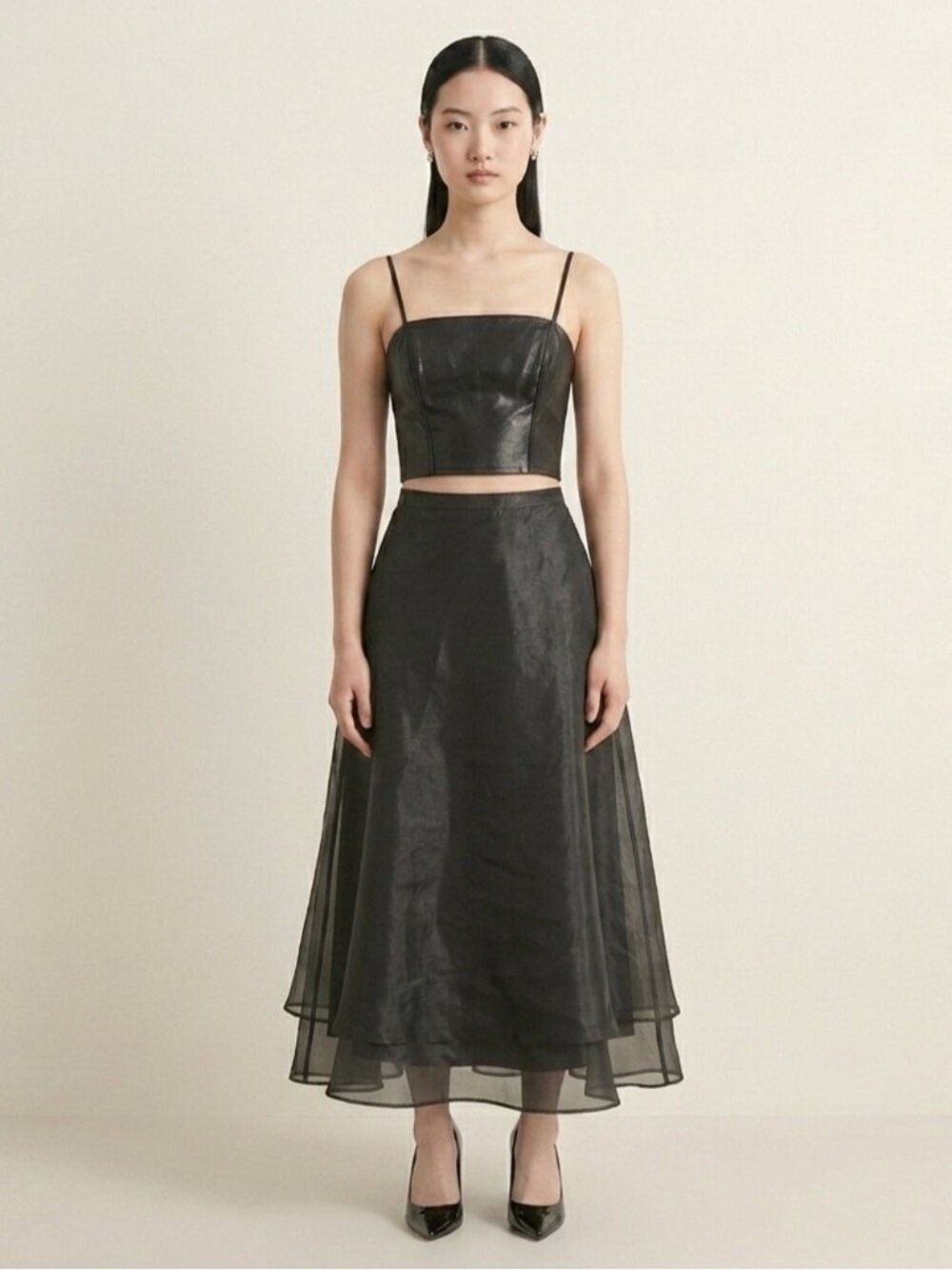 Vintage Black Organza Bustier Maxi 2-Piece Skirt Suit Set - XS, perfect for prom
